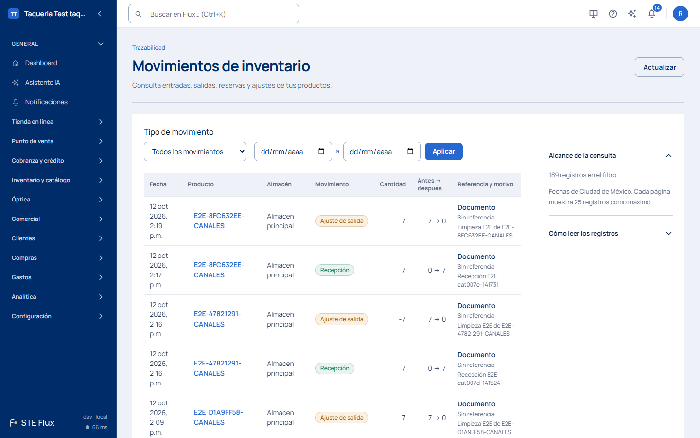 Movimientos de inventario con el filtro de tipo de movimiento y el periodo