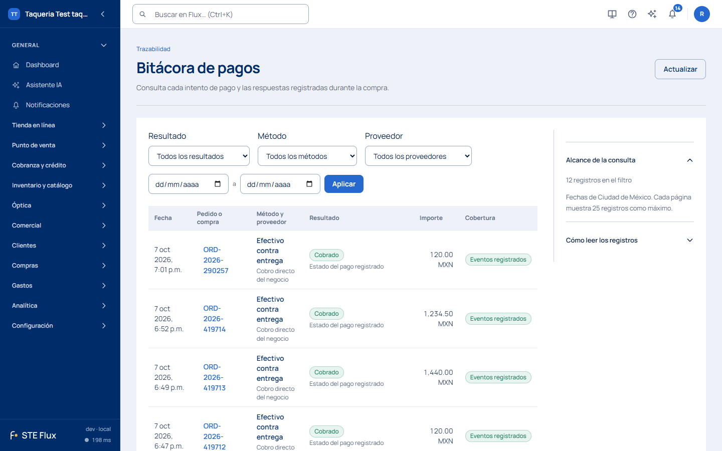 Bitácora de pagos con filtros de resultado, método y proveedor