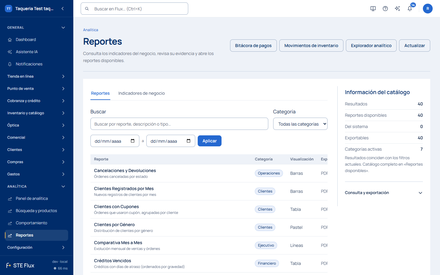 Catálogo de reportes con las pestañas Reportes e Indicadores de negocio y el panel Información del catálogo