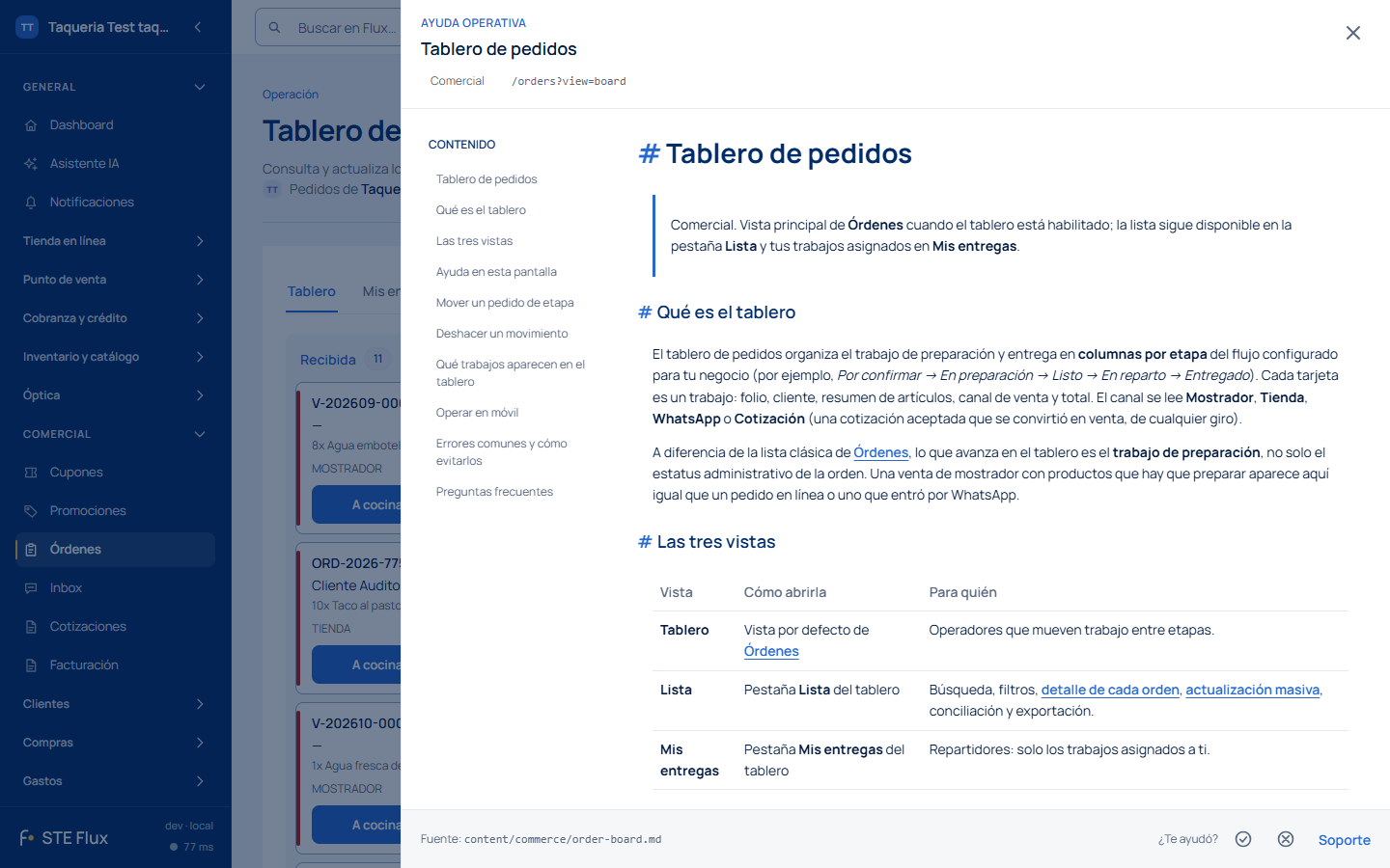 Ayuda del tablero abierta sobre el tablero de pedidos