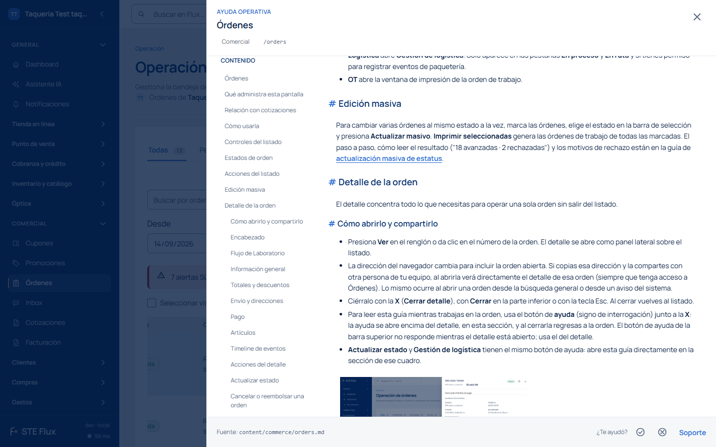 La guía de Órdenes abierta encima del detalle, en la sección Detalle de la orden
