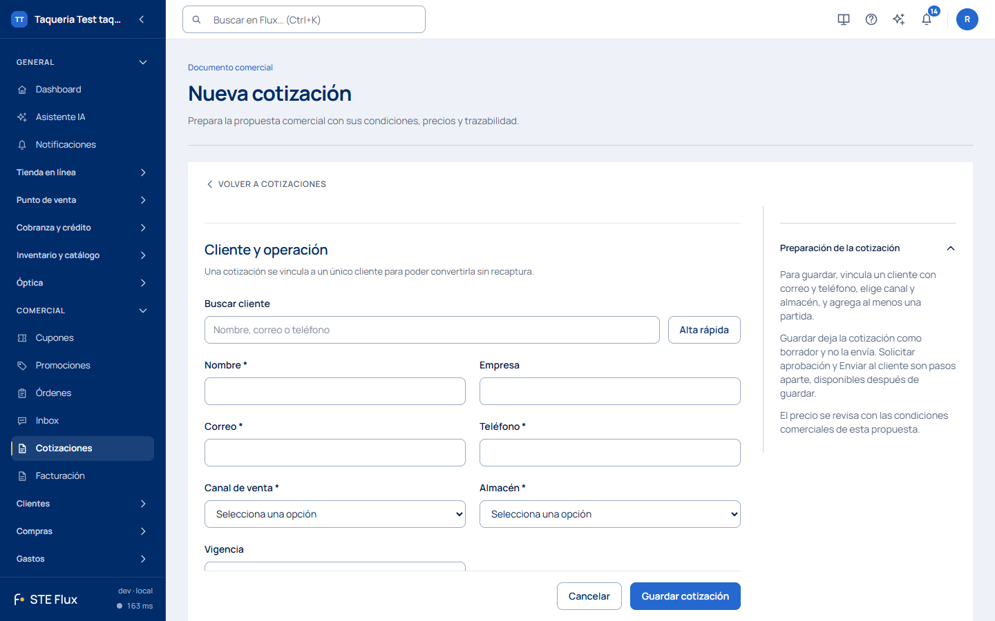 Nueva cotización con el resumen de la cotización y el panel Preparación de la cotización