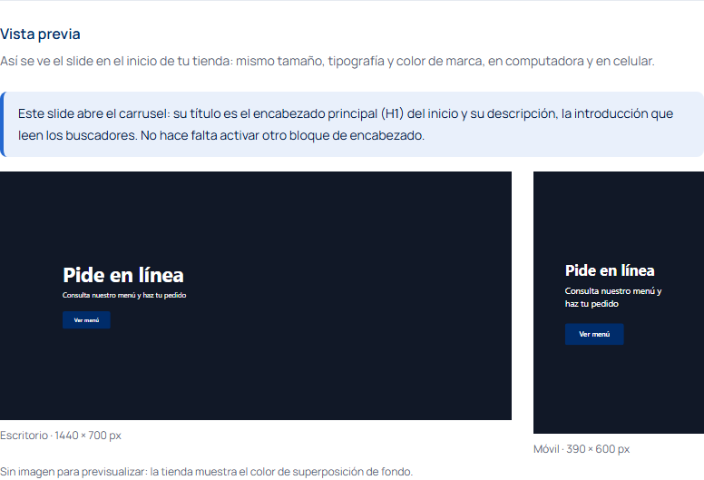 Vista previa del slide en Escritorio y Móvil con el aviso de que el slide abre el carrusel