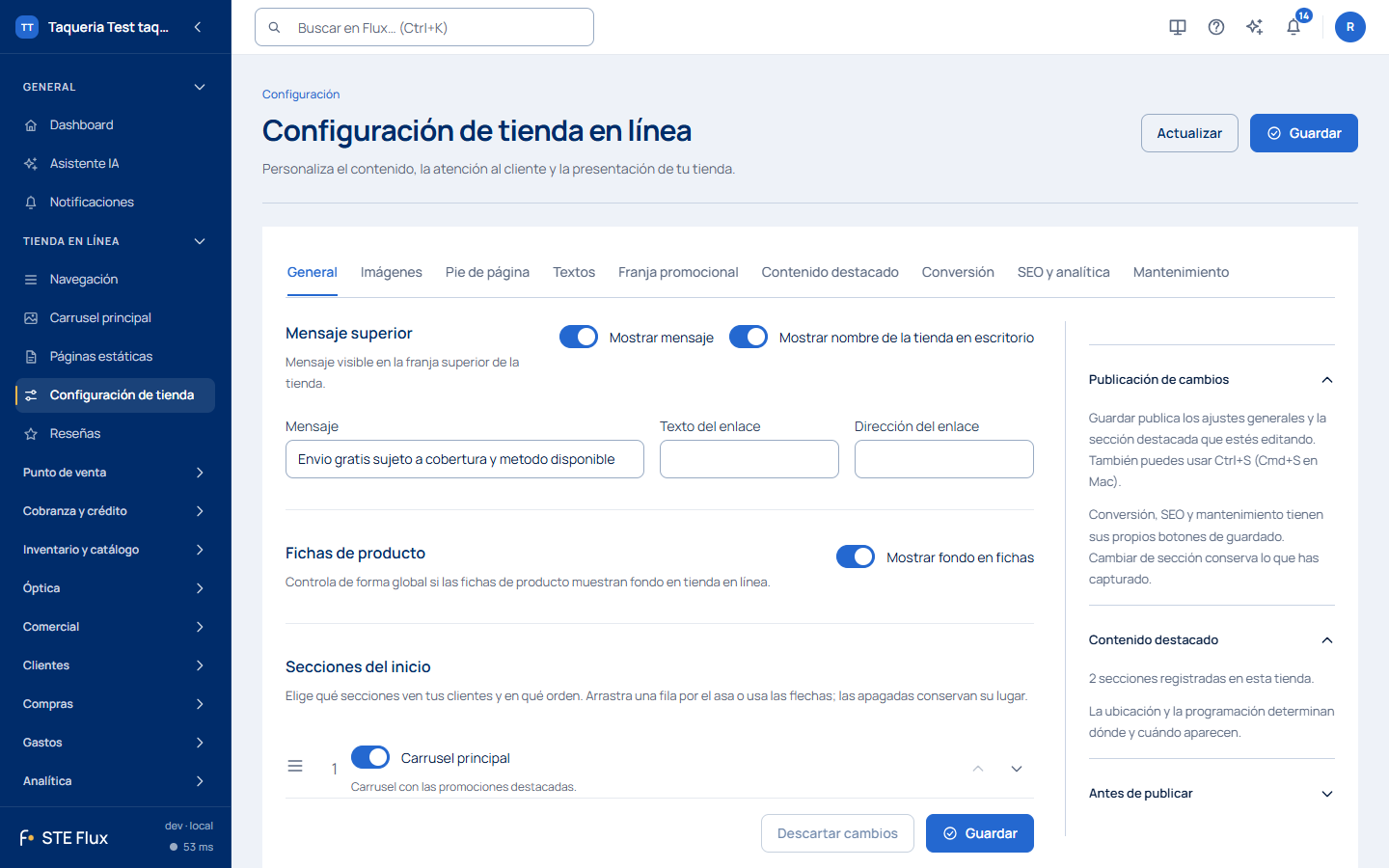 Configuración de tienda en línea, pestaña General