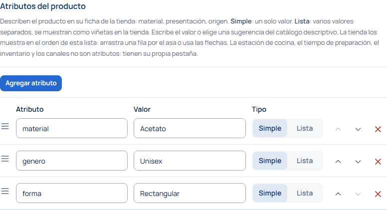 Atributos del producto con el asa para arrastrar, el tipo Simple o Lista, las flechas Subir y Bajar y la x para quitar