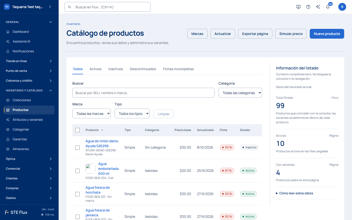 Listado de productos con el botón Nuevo producto