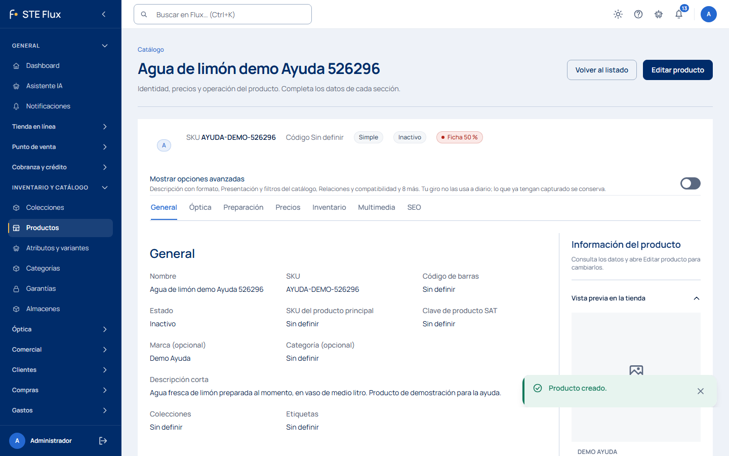 Producto guardado: aviso Producto creado y la ficha en modo consulta