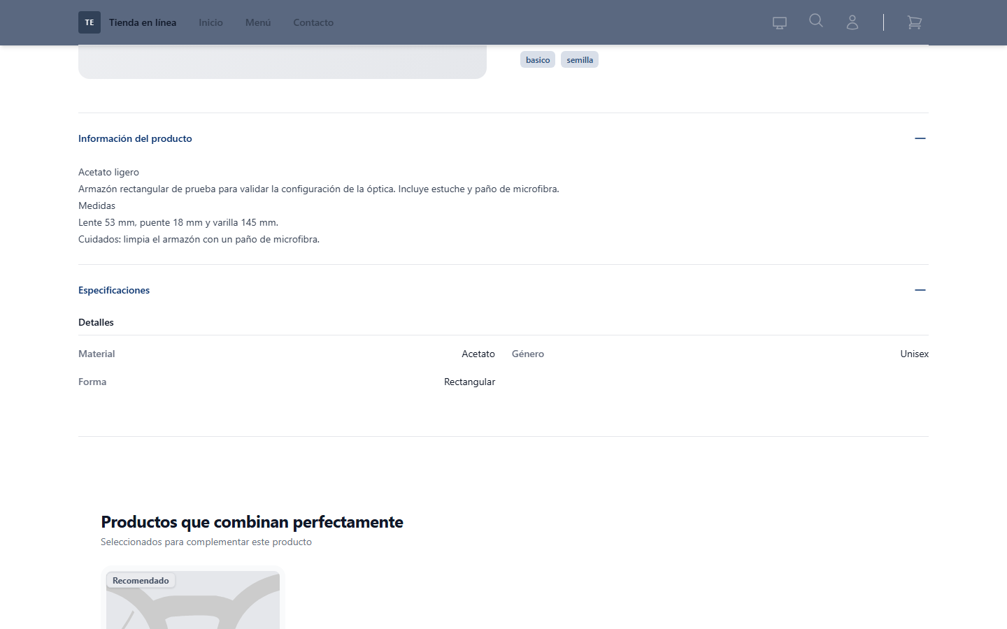 Ficha de la tienda con Información del producto y Especificaciones abiertas, con los atributos en el orden del editor