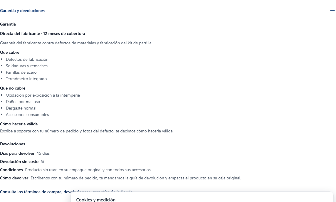 Sección Garantía y devoluciones de la ficha de la tienda: qué cubre, qué no cubre, días para devolver y condiciones