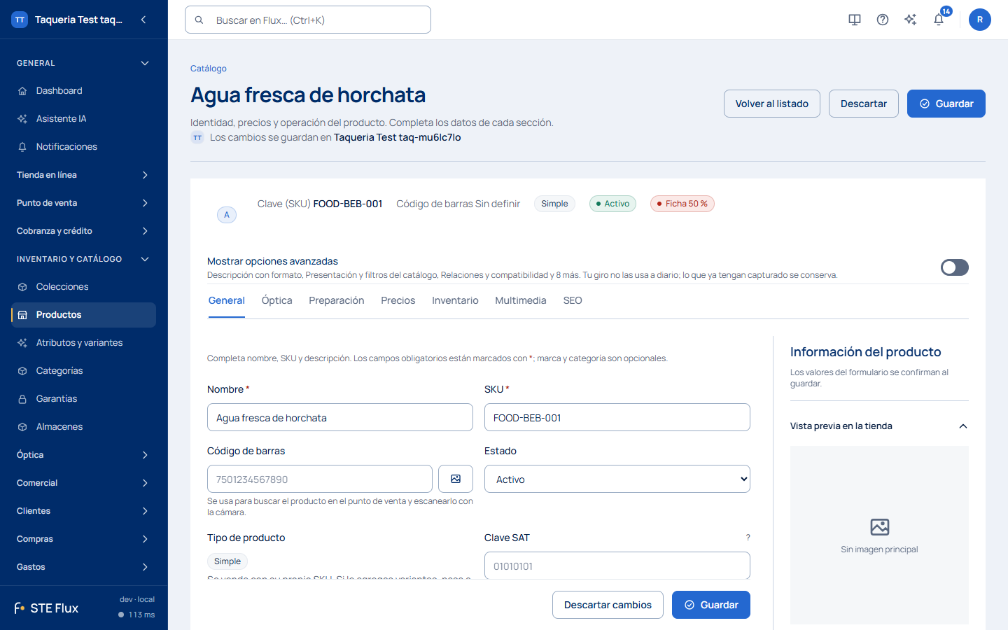 Ficha de un restaurante con el interruptor Mostrar opciones avanzadas apagado y el porcentaje Ficha junto al estado