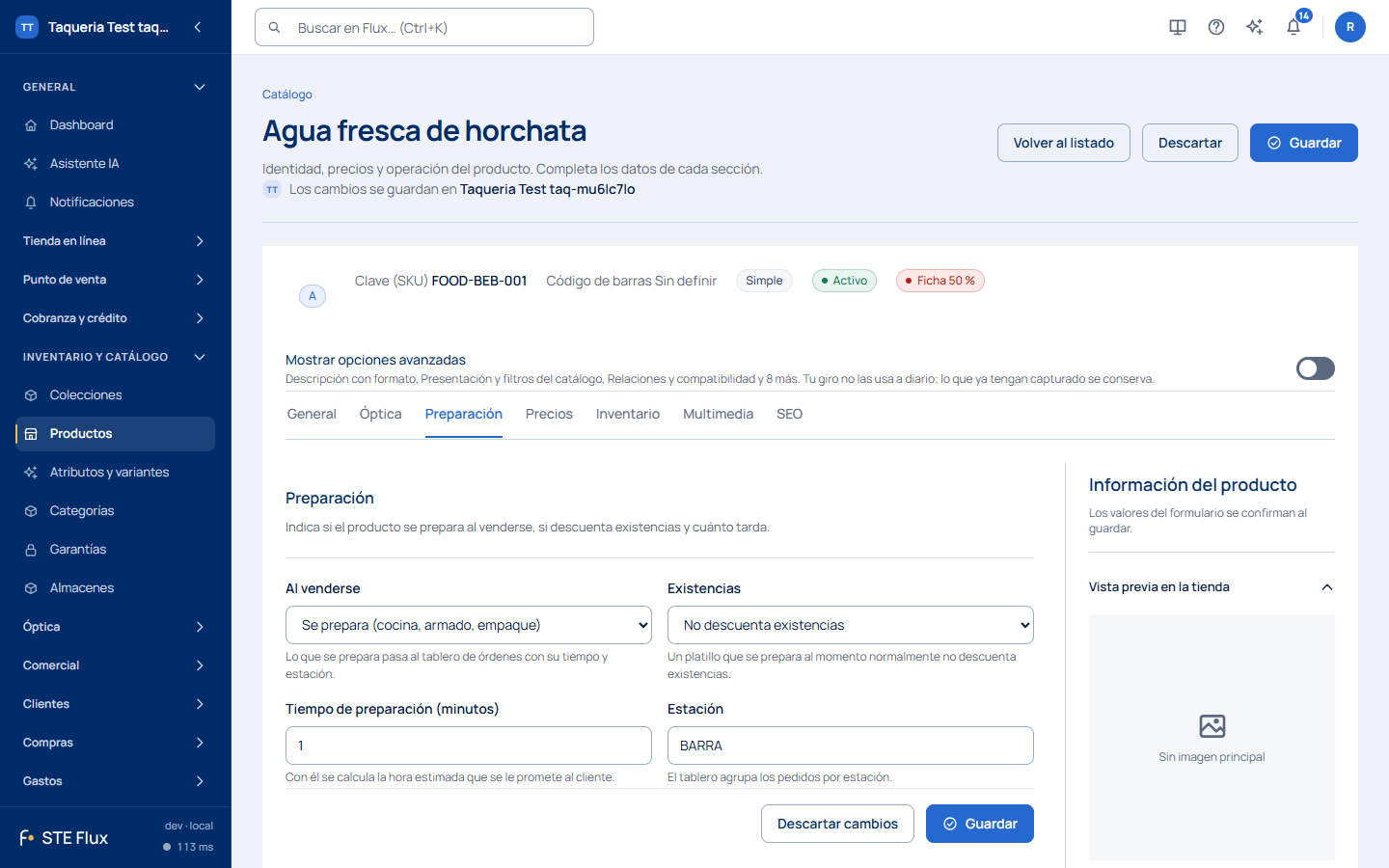Pestaña Preparación: Al venderse, Existencias, Tiempo de preparación y Estación