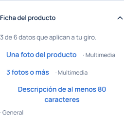 Panel Ficha del producto con los datos que faltan y la pestaña donde se captura cada uno