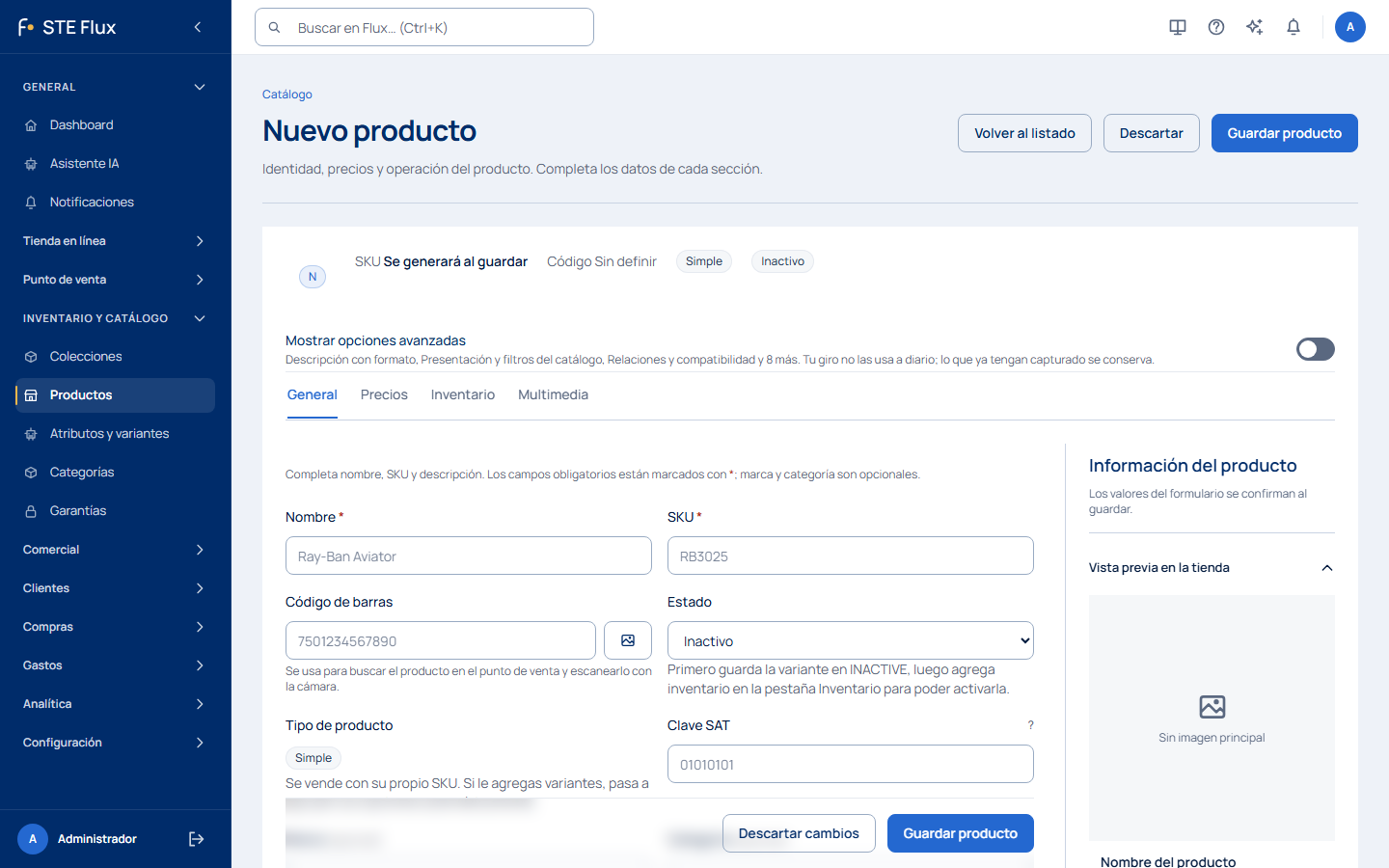 Ficha de producto nuevo en un negocio de comercio general sin tienda en línea: pestañas General, Precios, Inventario y Multimedia