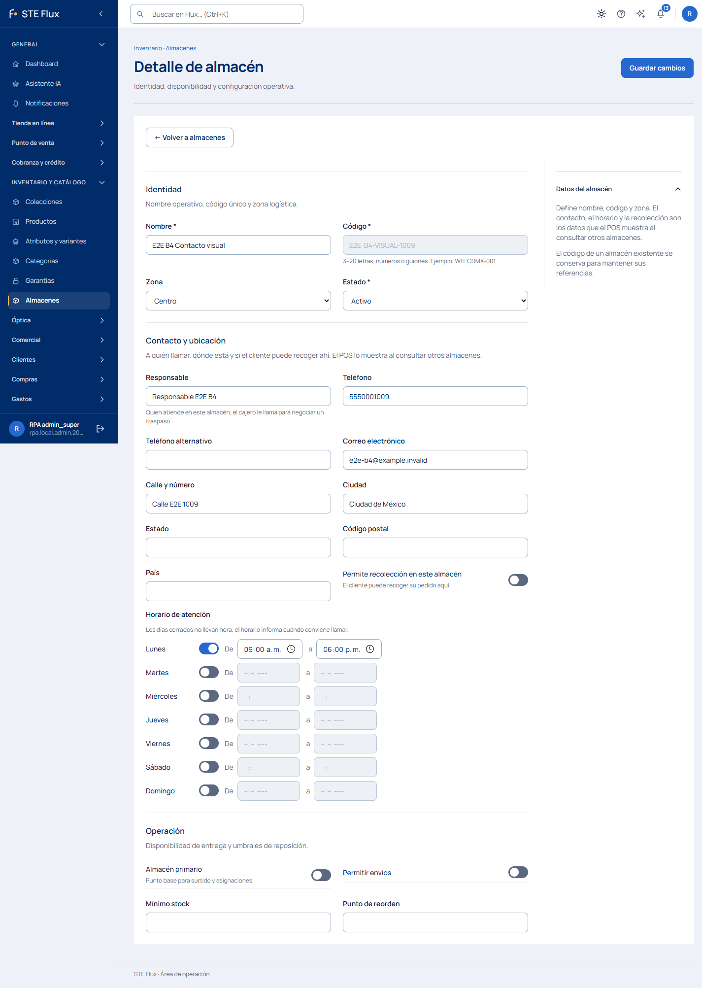 Contacto y horario guardados del almacén
