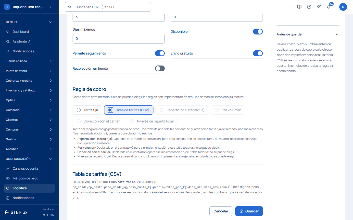 Editor de un método de envío con la Regla de cobro en Tabla de tarifas (CSV), las reglas que todavía no se pueden elegir y su motivo