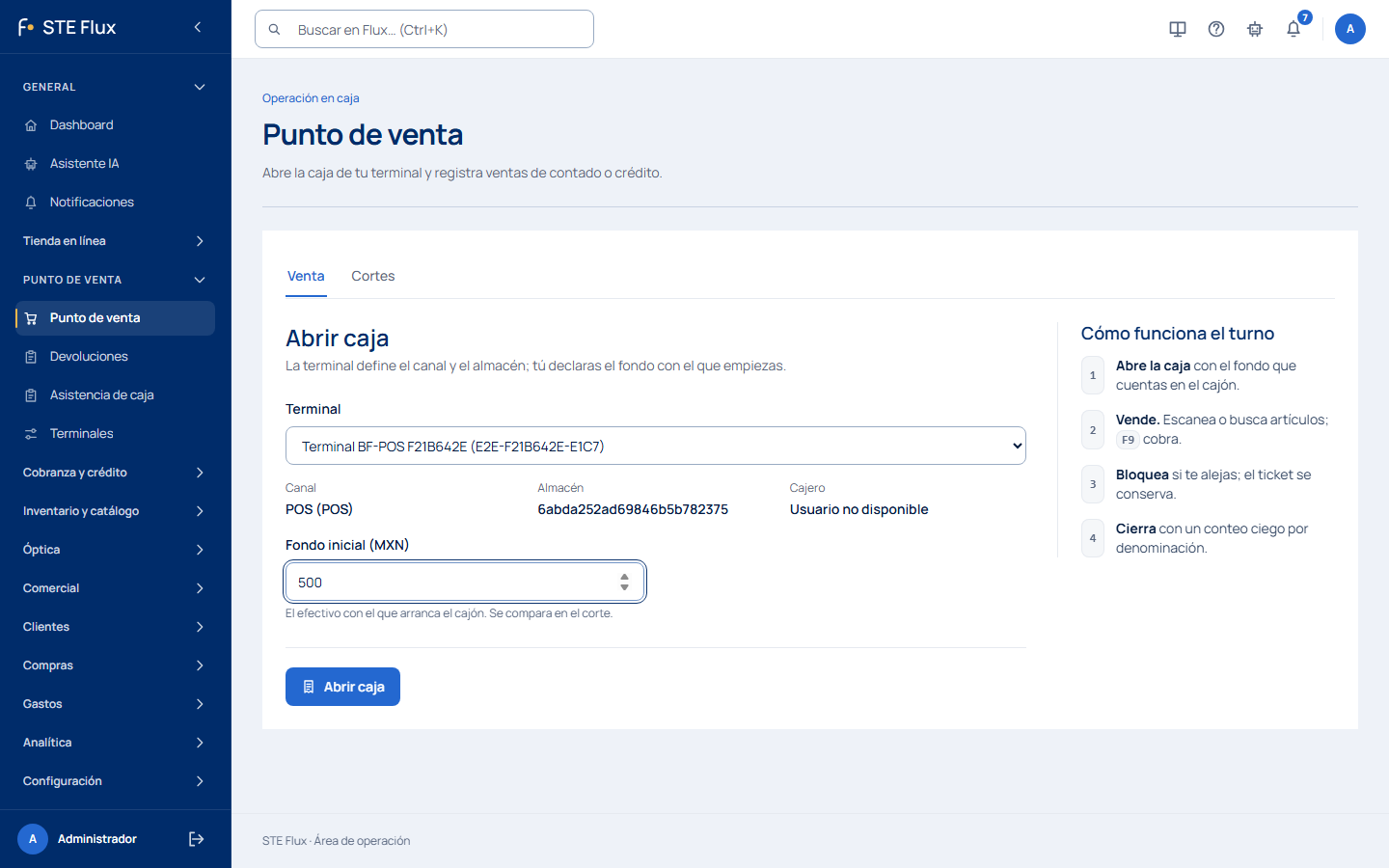 Apertura de caja con terminal y fondo inicial