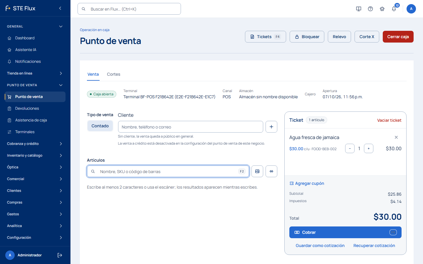 Ticket con un artículo agregado, el total y el botón Cobrar