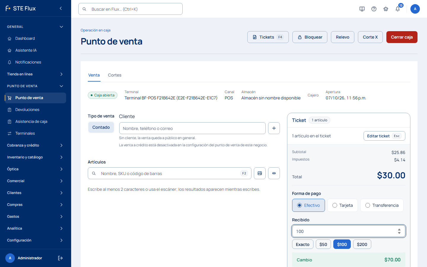 Pago en efectivo con lo recibido y el cambio calculado