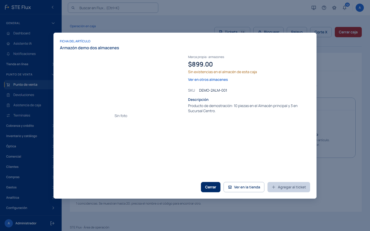 Ficha del artículo con precio, existencias, descripción y los botones Cerrar, Ver en la tienda y Agregar al ticket